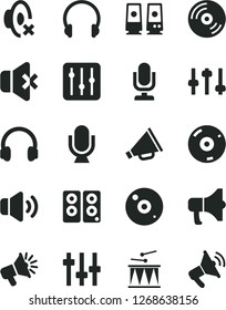 Solid Black Vector Icon Set - desktop microphone vector, horn, silent mode, drumroll, headphones, CD, regulator, volume, no sound, megaphone, loudspeaker, pc speaker, settings