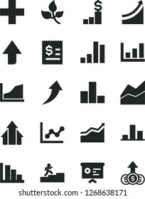 Solid Black Vector Icon Set - upward direction vector, plus, bar chart, line, graph, positive histogram, leaves, article on the dollar, financial report, growth, carrer stairway, arrow, arrows, up