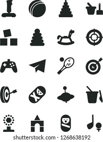 Solid Black Vector Icon Set - paper airplane vector, bath ball, stacking rings, toy, roly poly doll, tumbler, sand set, children's, yule, rocking horse, cubes for children, box of bricks, joystick