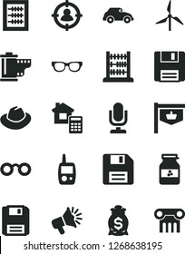 Solid Black Vector Icon Set - desktop microphone vector, floppy disk, hat, camera roll, new abacus, toy mobile phone, estimate, jar of jam, windmill, retro car, vintage sign, man in sight, glasses