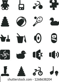 Solid Black Vector Icon Set - loudspeaker vector, rubber duck, baby duckling, bath ball, stacking rings, toy, roly poly doll, phone, sand set, children's, small teddy bear, child bicycle, tricycle