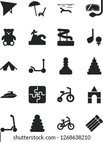Solid Black Vector Icon Set - stacking rings vector, toy, small teddy bear, box of bricks, child bicycle, Kick scooter, Puzzles, pawn, hang glider, bike, tent, beach, arnchair under umbrella, golf