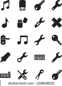 Solid Black Vector Icon Set - repair key vector, cross, small tools, adjustable wrench, door knob, music, steel, text highlighter, keyboard, usb flash, note