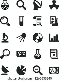 Solid Black Vector Icon Set - magnifier vector, zoom out, negative histogram, artificial satellite, round flask, radiation, dish, antenna, ring diagram, pie charts, statistical research, article