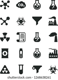 Solid Black Vector Icon Set - round flask vector, manufacture, factory, oil, industrial building, carbon dyoxide, filter, water, research article, test tube, molecule, nuclear, biohazard