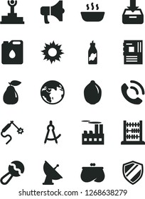 Solid Black Vector Icon Set - beanbag vector, abacus, put in a box, phone call, megaphone, hot porridge, liquor, pear, lime, industrial building, canister of oil, gas welding, purse, motherboard