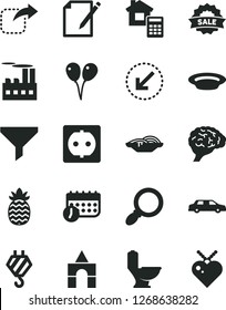 Solid Black Vector Icon Set - box of bricks vector, colored air balloons, hook, toilet, estimate, left bottom arrow, notes, move right, slices onion, plate, pineapple, power socket, filter, schedule