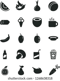 Solid Black Vector Icon Set - bath ball vector, e, sausage, porcini, plate, chicken, cup of popcorn, tea, cone, pear, liquor, mulberry, slice water melon, passion fruit, banana, half guawa, coconut