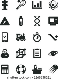 Solid Black Vector Icon Set - test tube vector, electricity, atom, dna, scientist, clipboard, calculator, growth graph, saturn, stopwatch, 3d cube, train, escalator, phone registration, atm, tennis