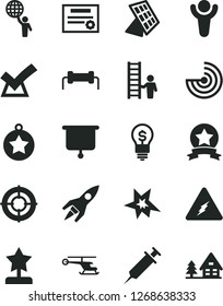 Solid Black Vector Icon Set - electricity vector, radar, sun panel, rocket, syringe, presentation board, patente, resistor, bang, winner, star reward, man hold world, medal, ribbon, with ladder, aim