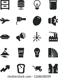 Solid Black Vector Icon Set - incandescent lamp vector, growth up, building trolley, color samples, bulb, big data server, no sound, nightstand, noodles, pie, jam, sandwich, coconut, industrial