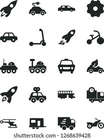 Solid Black Vector Icon Set - truck lorry vector, motor vehicle, present, tricycle, child Kick scooter, car, delivery, eco, electric, rocket, space, Express, lunar rover, helicopter, limousine, bus