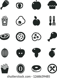 Solid Black Vector Icon Set - iron fork spoons vector, pizza, mushroom, cake, with a hole, chicken leg, thigh, bacon, French fries, cup of popcorn, fried egg, omelette, apple, quince, tasty, melon