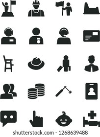 Solid Black Vector Icon Set - women vector, hat, potty chair, a for feeding child, funny hairdo, builder, employee, index finger, pass card, operator, coins, welding, think, man with medal, flag
