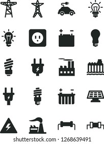 Solid Black Vector Icon Set - danger of electricity vector, saving light bulb, power socket type b, factory, accumulator, battery, hydroelectricity, line, pole, plug, electric, industrial building