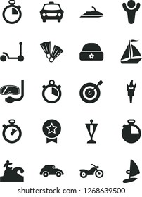 Solid Black Vector Icon Set - stopwatch vector, Kick scooter, warm hat, timer, car, retro, flame torch, winner, pennant, target, star medal, sail boat, motorcycle, flippers, diving mask, surfing