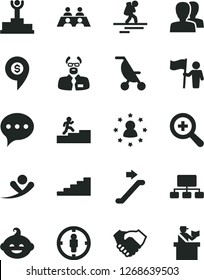 Solid Black Vector Icon Set - zoom vector, women, summer stroller, funny hairdo, speech, goal woman, scheme, hand shake, conversation, scientist, winner podium, carrer stairway, man hold flag
