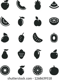 Solid Black Vector Icon Set - strawberry vector, apple, quince, apricot, red, tasty mulberry, slice of melon, water, mango, delicious plum, tangerine, lemon, yellow, half kiwi, orange, grapefruit