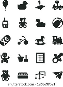 Solid Black Vector Icon Set - toys over the cot vector, dummy, new abacus, rubber duck, baby duckling, bath ball, motor vehicle present, tumbler, toy mobile phone, sand set, teddy bear, small, yule