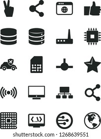 Solid Black Vector Icon Set - star vector, thumb up, screen, big data, autopilot, processor, SIM, connection, connections, scheme, cpu, router, network, browser, connect, coding, wireless, earth