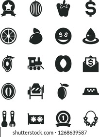 Solid Black Vector Icon Set - plastic fork spoons vector, baby toy train, concrete mixer, peper, melon, half of mango, peach, lemon, yellow, juicy, drop oil, denomination the dollar, gpu card, star