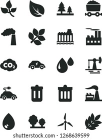 Solid Black Vector Icon Set - dust bin vector, drop, working oil derrick, leaves, leaf, windmill, manufacture, factory, hydroelectricity, trees, forest, industrial building, electric car, transport