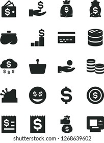 Solid Black Vector Icon Set - bank card vector, shopping basket, coins, column of, denomination the dollar, article on, financial item, get a wage, catch coin, purse, dollars, cashbox, rain, wallet