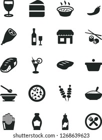 Solid Black Vector Icon Set - plates and spoons vector, fried vegetables on sticks, pizza, piece of cake, a bowl rice porridge, in saucepan, grill chicken leg, chop, potato slices, sushi, glass, pan