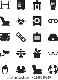 Solid Black Vector Icon Set - spectacles vector, scales, nappy, Baby chair, car child seat, winter hat, warm, construction helmet, dust bin, strongbox, glasses, biohazard, rope barrier, uv cream