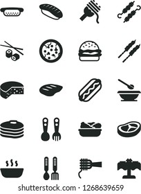 Solid Black Vector Icon Set - plates and spoons vector, plastic fork, iron, cheese, pizza, Hot Dog, mini, burger, spaghetti, noodles, porridge, lettuce in a plate, bacon, chop, barbecue, pancakes