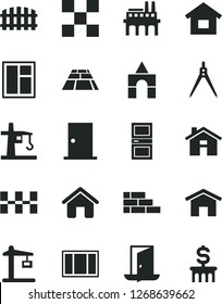 Solid Black Vector Icon Set - house vector, box of bricks, dwelling, brick wall, window, frame, ntrance door, interroom, tile, ceramic tiles, fence, paving slab, home, industrial enterprise, exit