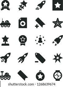 Solid Black Vector Icon Set - add bookmark vector, remove label, space rocket, lunar rover, bang, star reward, medal, ribbon, certificate, stars around man, three, starfish, compass