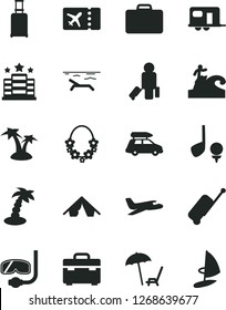 Solid Black Vector Icon Set - suitcase vector, plane, car baggage, camper, passenger, rolling, ticket, case, tent, beach, arnchair under umbrella, palm tree, hawaii wreath, diving mask, surfing