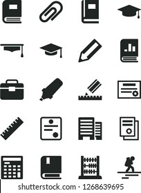 Solid Black Vector Icon Set - clip vector, yardstick, e, abacus, portfolio, buildings, drawing, pencil, text highlighter, book on statistics, scientific publication, engineer calculator, patente