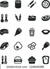 Solid Black Vector Icon Set - plastic fork spoons vector, iron, cheese, tin, fried vegetables on sticks, pizza, burger, muffin, lettuce in a plate, of milk, chicken thigh, grill leg, bacon, sushi
