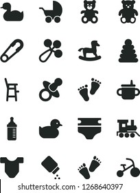 Solid Black Vector Icon Set - dummy vector, mug for feeding, measuring bottle, diaper, baby powder, Child T shirt, rattle, stroller, safety pin, rubber duck, duckling, stacking rings, a chair, small