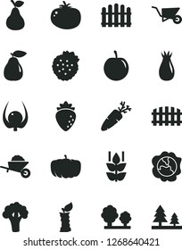 Solid Black Vector Icon Set - garden trolley vector, building, fence, hedge, tomato, carrot, strawberries, pear, mint, squash, raspberry, rose hip, tasty plum, physalis, apple stub, broccoli, trees