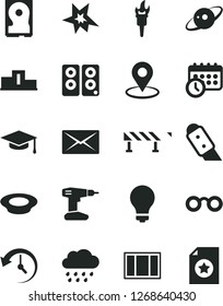 Solid Black Vector Icon Set - matte light bulb vector, rainy cloud, window frame, drill, knife, road fence, a plate of milk, geolocation, hdd, pc speaker, mail, history, schedule clock, glasses