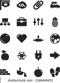 Solid Black Vector Icon Set - right direction vector, brick wall, portfolio, heart, clip, orange, peach, tasty plum, pineapple, planet, plug, carbon dyoxide, steel production, vintage sign, scheme