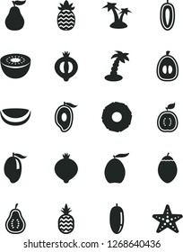 Solid Black Vector Icon Set - a pineapple vector, medlar, half of, mango, loquat, date fruit, sweet, kiwi, tamarillo, guawa, piece coconut, slice, ripe guava, part, palm tree, starfish