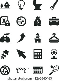 Solid Black Vector Icon Set - incandescent lamp vector, calculator, arm saw, suitcase, comfortable toilet, road fence, hanger, tasty cornels, dollars, wall calendar, encrypting, network, cursor, cup