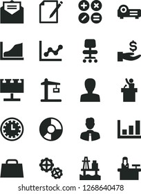 Solid Black Vector Icon Set - clock face vector, woman, graph, gears, employee, received letter, notes, math actions, sea port, Construction crane, billboard with illumination, get a wage, hand bag