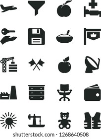 Solid Black Vector Icon Set - floppy disk vector, chest of drawers, teddy bear, tower crane, a bowl rice porridge, ripe peach, apricot, oil derrick, thermal power plant, satellite dish, vintage sign