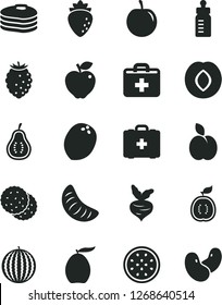 Solid Black Vector Icon Set - first aid kit vector, feeding bottle, medical bag, apple, biscuit, pancakes, red, plum, raspberry, tasty, water melon, loquat, slice of tangerine, half passion fruit