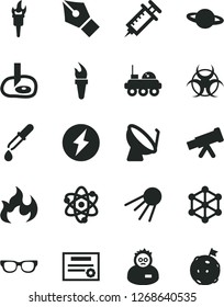 Solid Black Vector Icon Set - artificial satellite vector, planet, dish, telescope, atom, glasses, biohazard, pipette, flame, scientist, artifical insimination, lunar rover, syringe, patente, torch