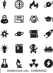 Solid Black Vector Icon Set - book vector, books, square academic hat, flask, microscope, nuclear, bulb, bactery, flame, scientist, earth core, robot, saturn, rocket, lunar rover, patente, torch