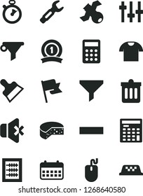 Solid Black Vector Icon Set - minus vector, new abacus, putty knife, dust bin, flag, no sound, T shirt, cheese, steel repair key, filter, water, calendar, calculator, engineer, mouse, settings, taxi