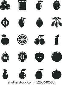 Solid Black Vector Icon Set - jam vector, peach, tasty apple, rose hip, half of medlar, raspberry, blueberry, blueberries, cornels, mango, loquat, goji berry, melon, lemon, juicy, tamarillo, stub