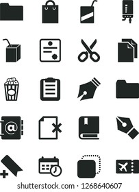 Solid Black Vector Icon Set - scissors vector, add bookmark, clean paper, folder, e, packing of juice with a straw, electronic boiler, address book, delete page, copy, cup popcorn, bag, clipboard
