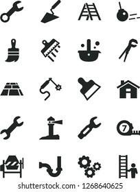 Solid Black Vector Icon Set - house vector, trowel, concrete mixer, adjustable wrench, long meashuring tape, wooden paint brush, ladder, sewerage, putty knife, spatula, paving slab, core, metallurgy